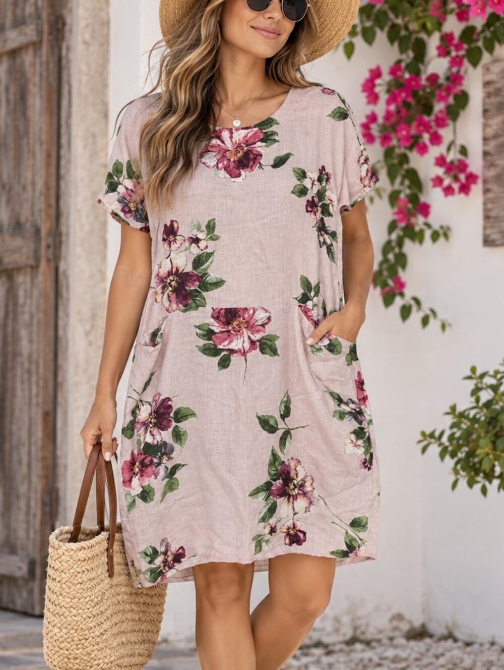 Made in Italy Floral Linen Blend Shift Dress Women’s L Short Sleeve Midi